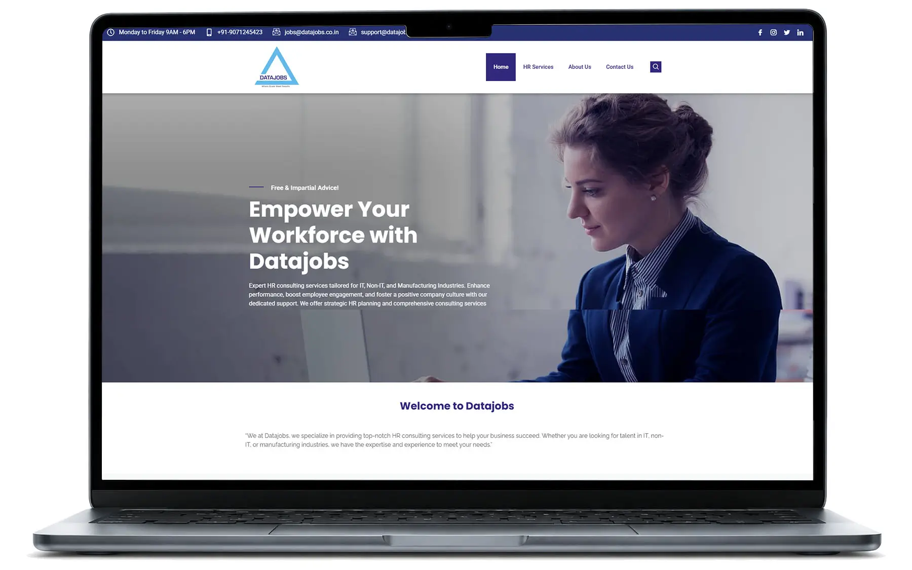 Laptop mockup displaying the DataJobs HR consulting website designed and developed by Axis Media.