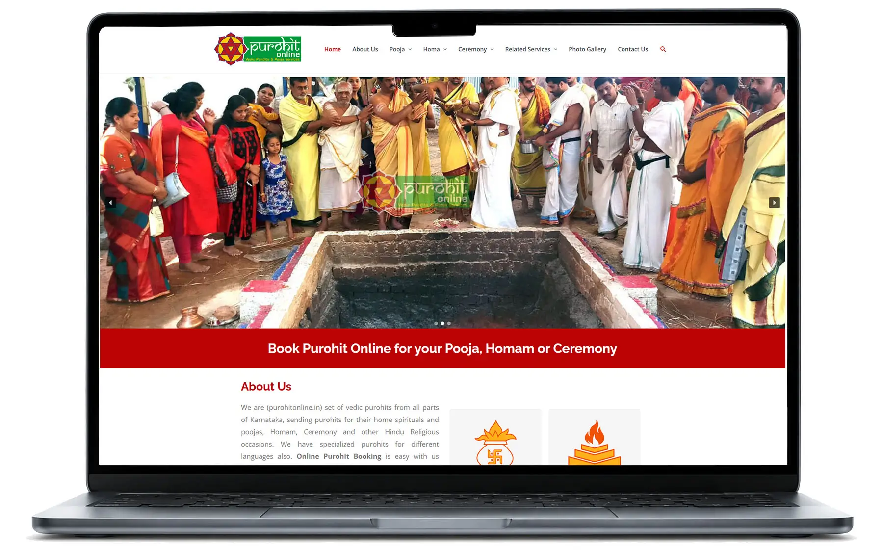 Laptop mockup displaying the Purohit Online website designed and developed by Axis Media for online pooja booking and Vedic services.