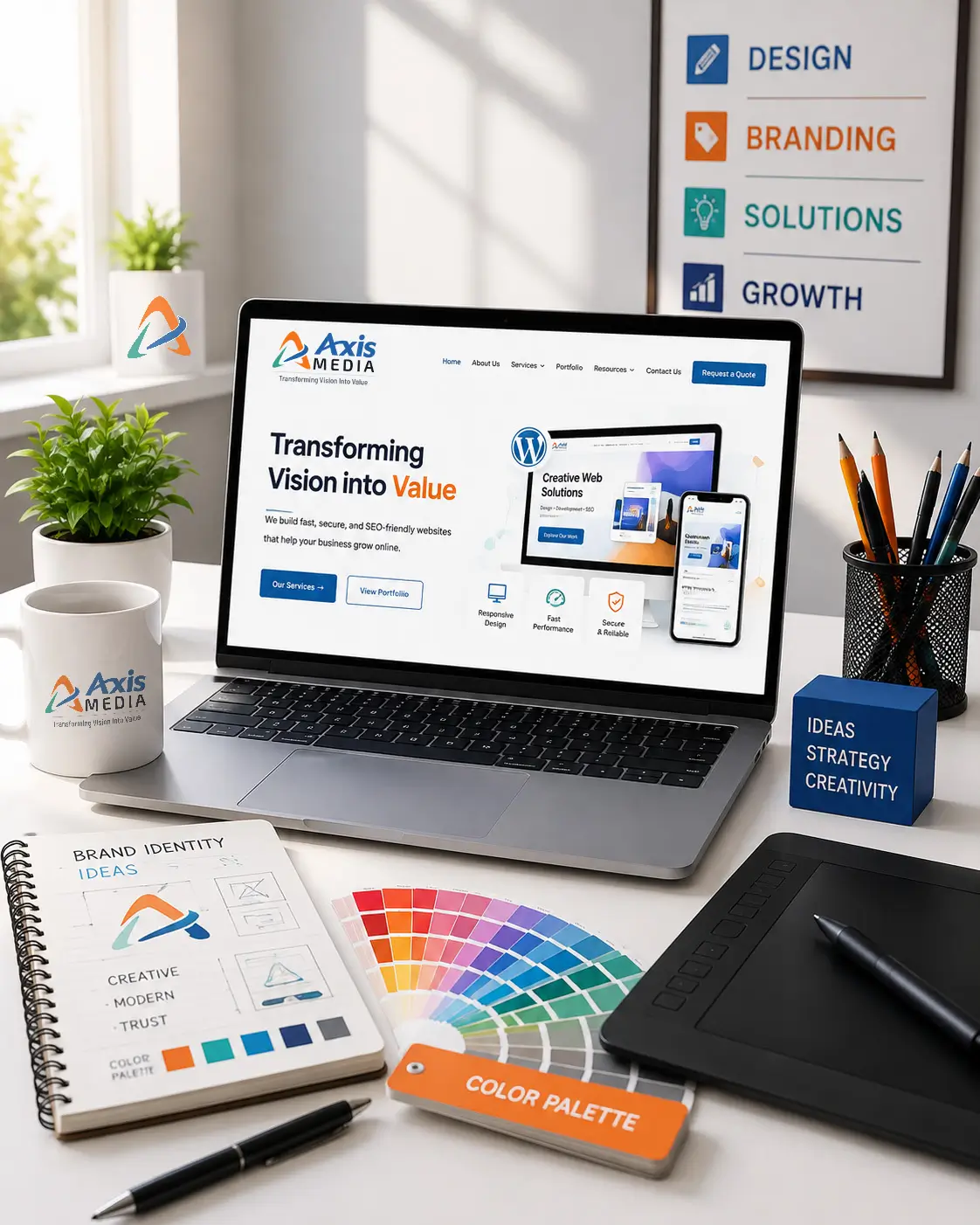 Creative digital workspace illustrating Axis Media's expertise in website design, WordPress development, graphic design, branding, UI/UX, SEO-ready websites, and digital solutions for businesses in Shivamogga.