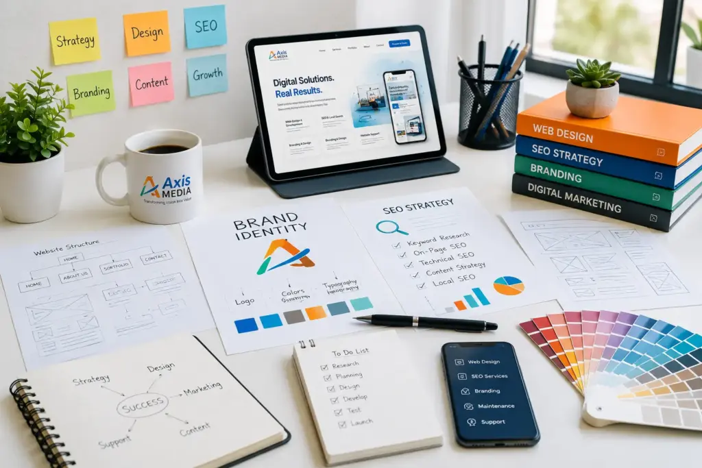 Creative workspace showing website design, SEO and branding services by Axis Media