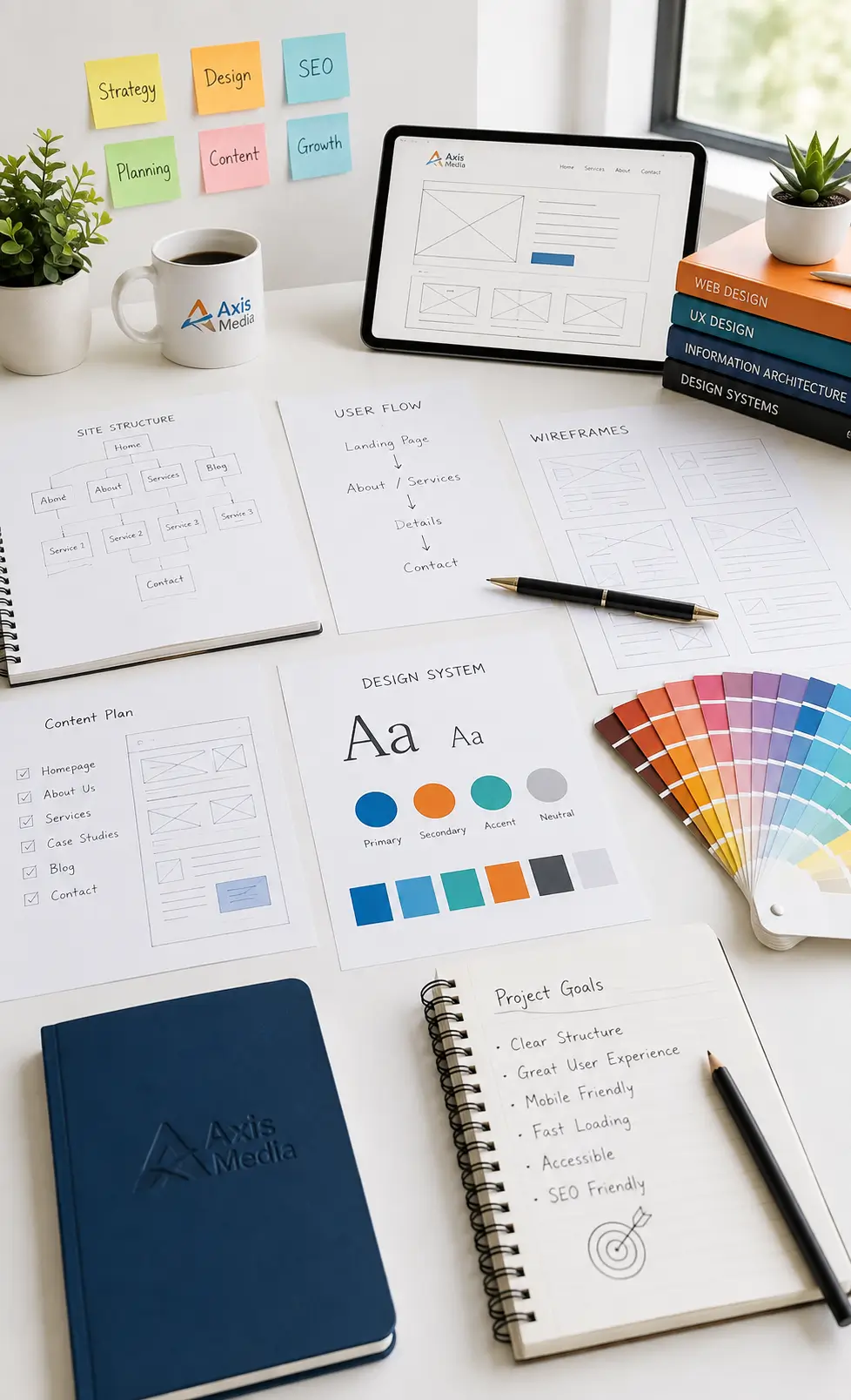 Website design planning and UX strategy workspace by Axis Media