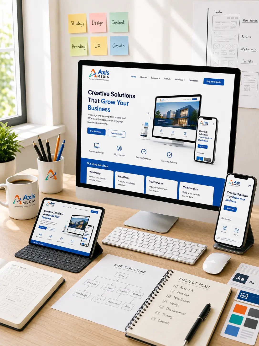 Website design workspace showing a business website across desktop, tablet and mobile screens