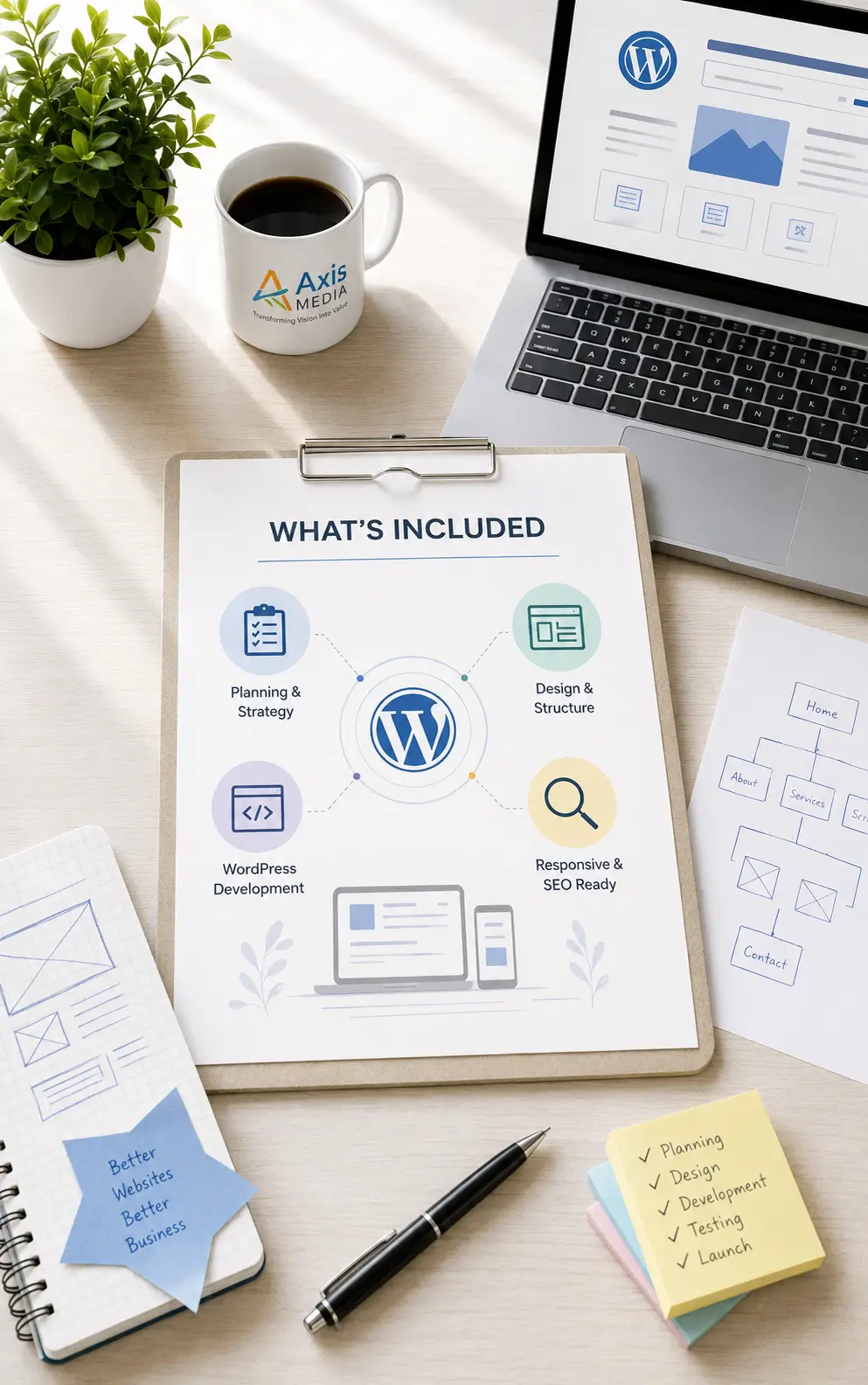 WordPress website design workspace showing planning, design, development, responsive and SEO-ready elements
