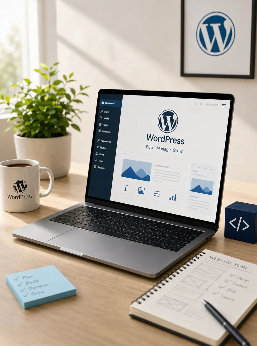 WordPress website development workspace with a laptop displaying the WordPress interface and website planning materials
