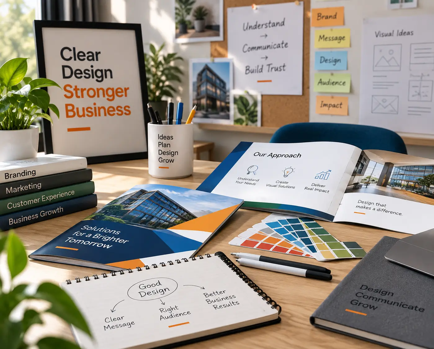 Graphic design workspace showing brand concepts, printed materials, sketches and visual planning