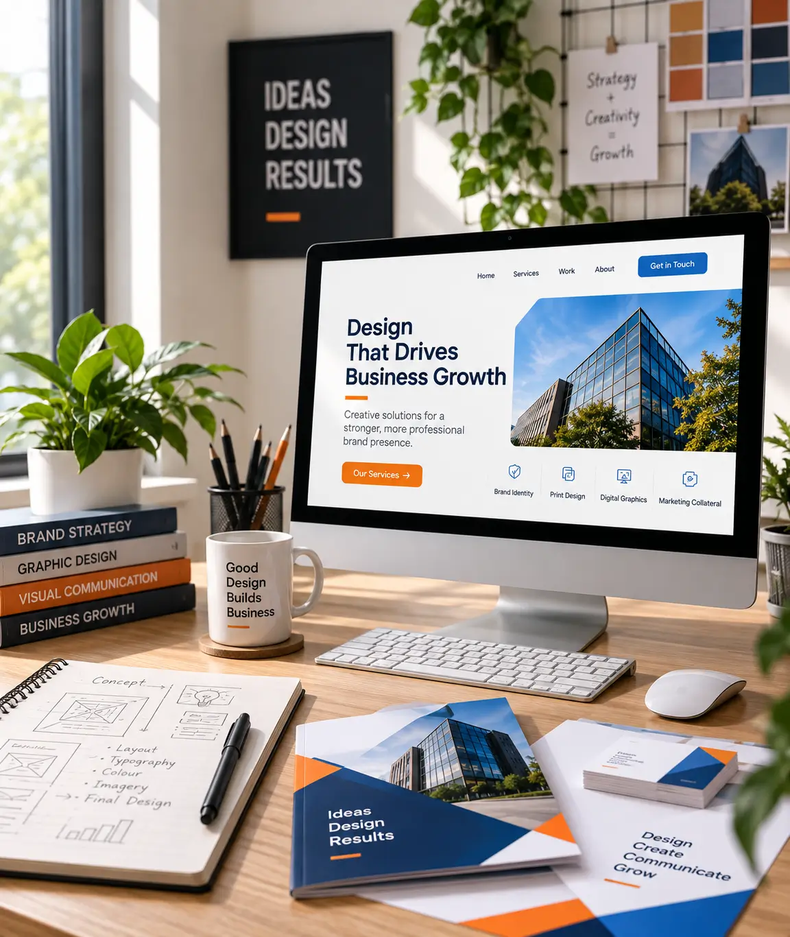 Graphic design workspace showing a business website, design concepts and printed marketing materials