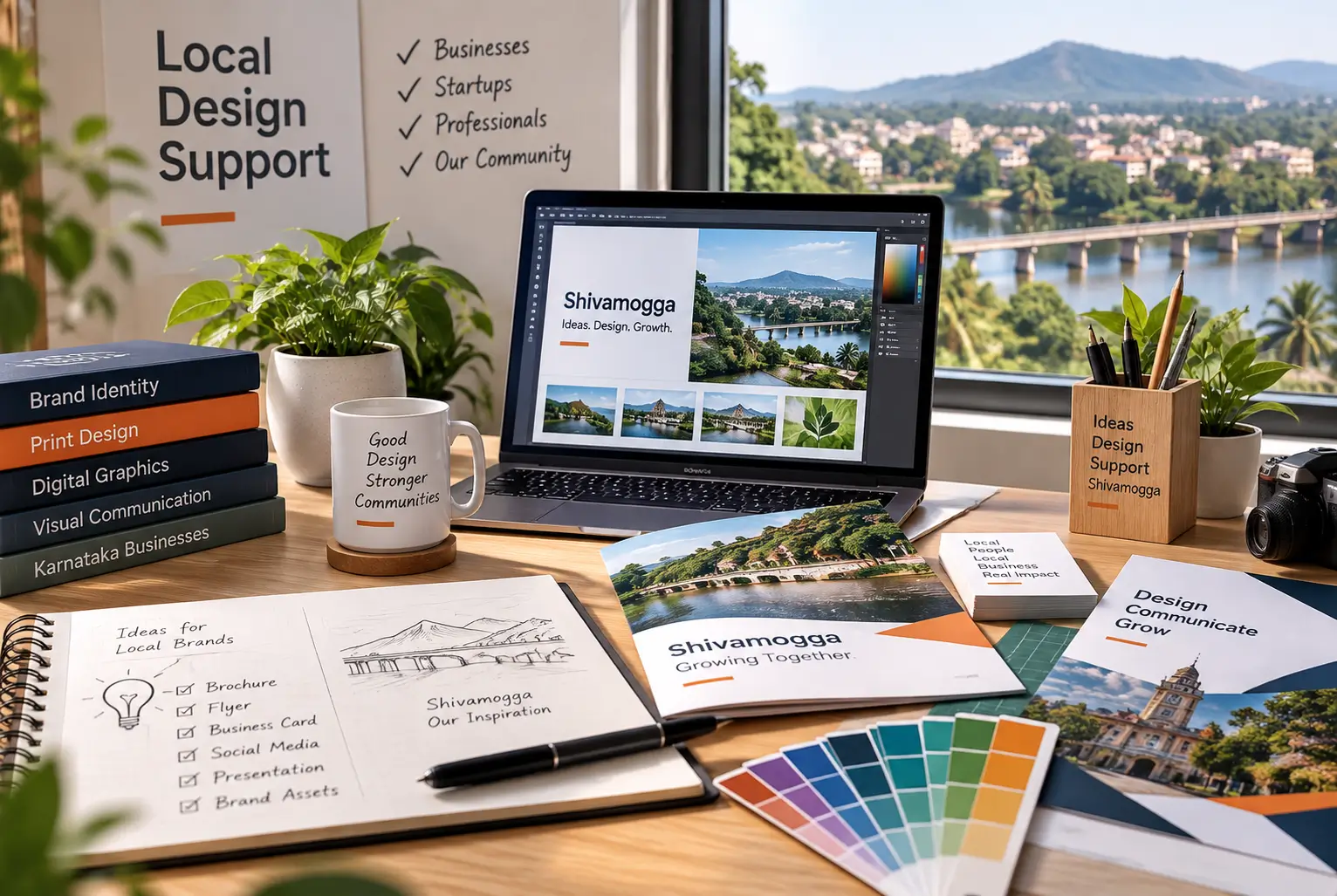 Graphic design workspace with local business materials and Shivamogga-inspired visuals