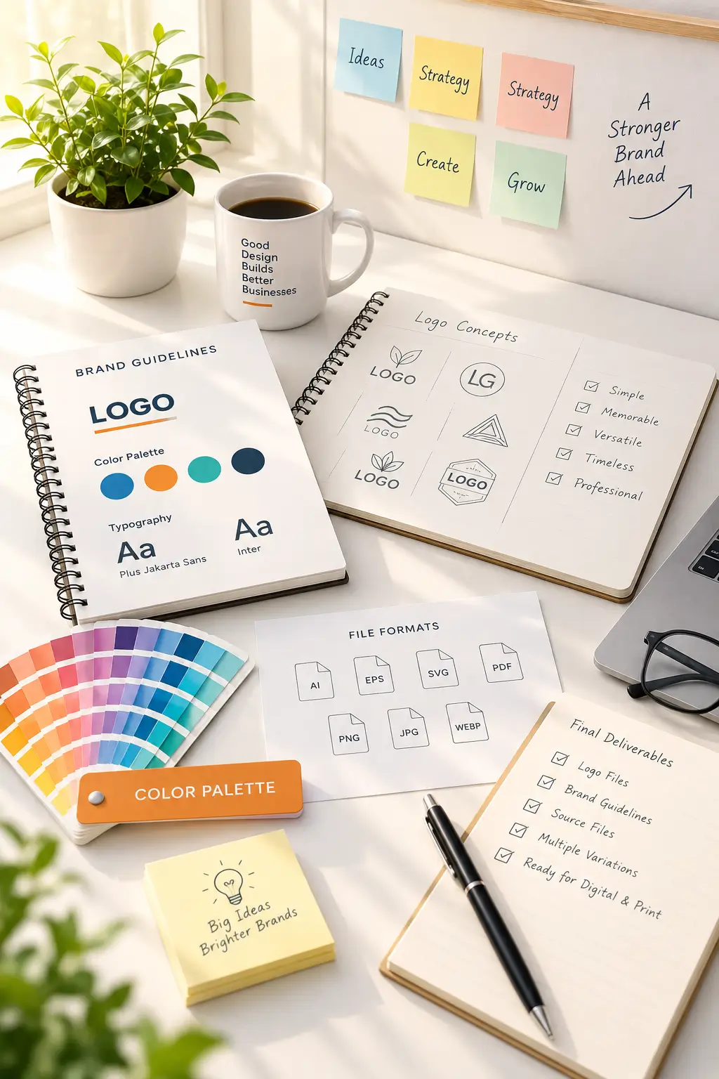 Logo design workspace showing concepts, revisions, file formats and brand materials