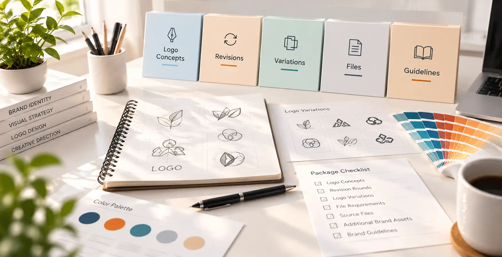 Logo design planning workspace showing different design requirements and visual directions