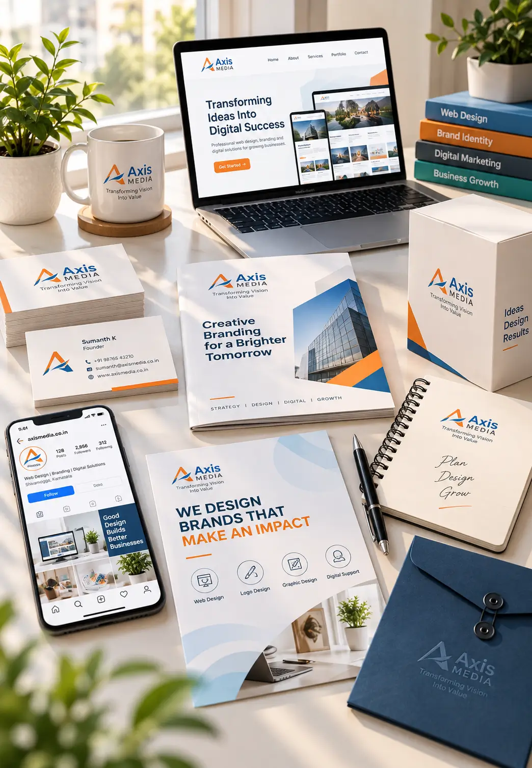 Logo design applied across digital, print and business materials