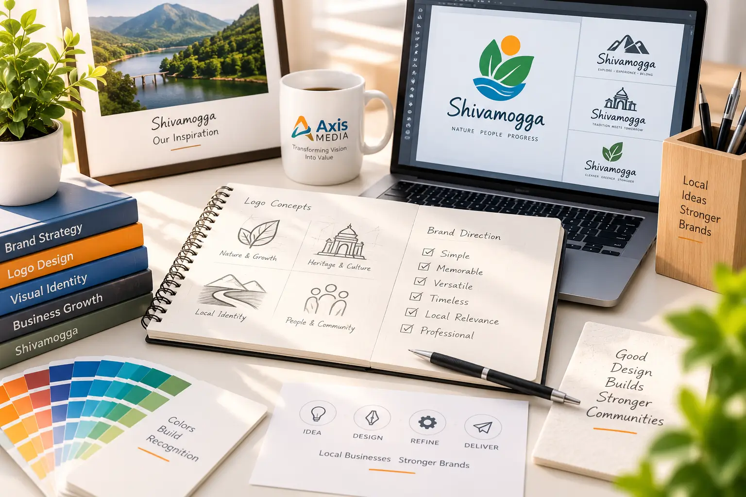 Logo design concepts and branding materials representing businesses in Shivamogga