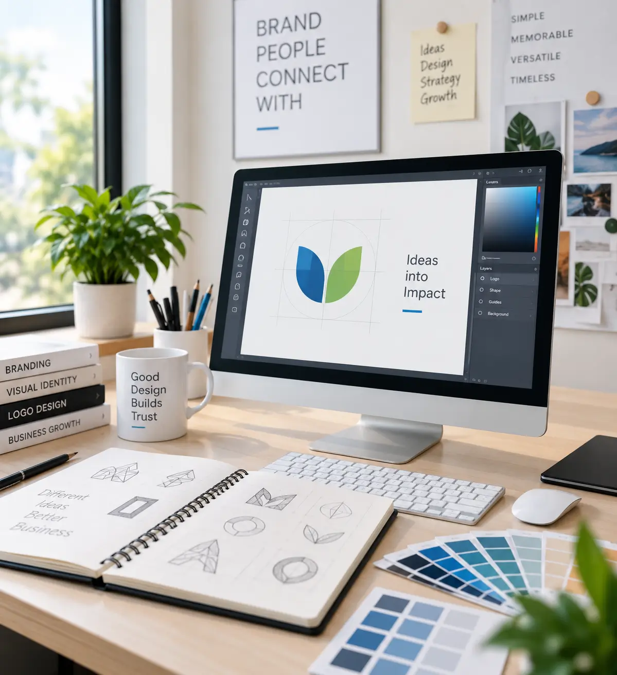 Creative workspace showing logo design and branding materials across digital devices