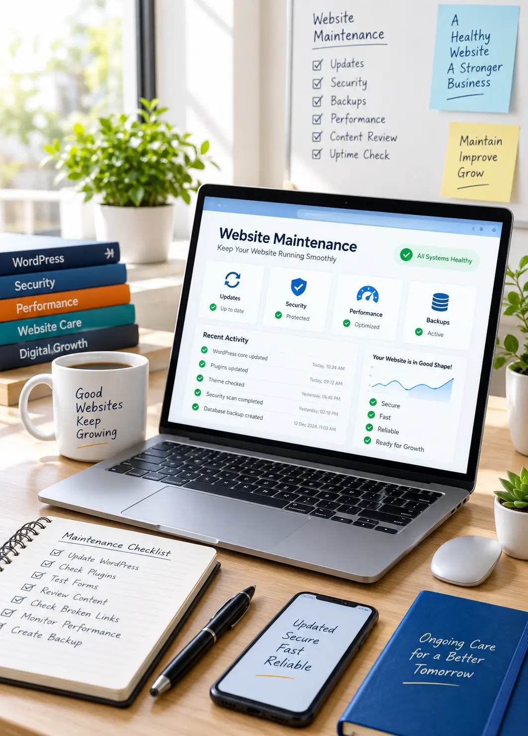Website maintenance services dashboard showing website health, updates, security and backups