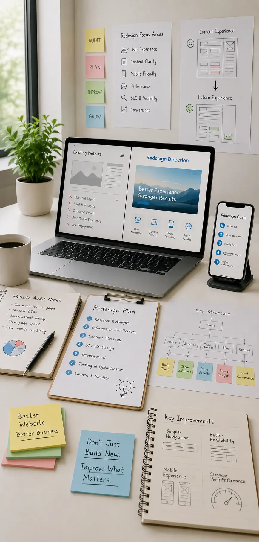 Website redesign planning focused on improving an existing site's user experience, structure and mobile usability