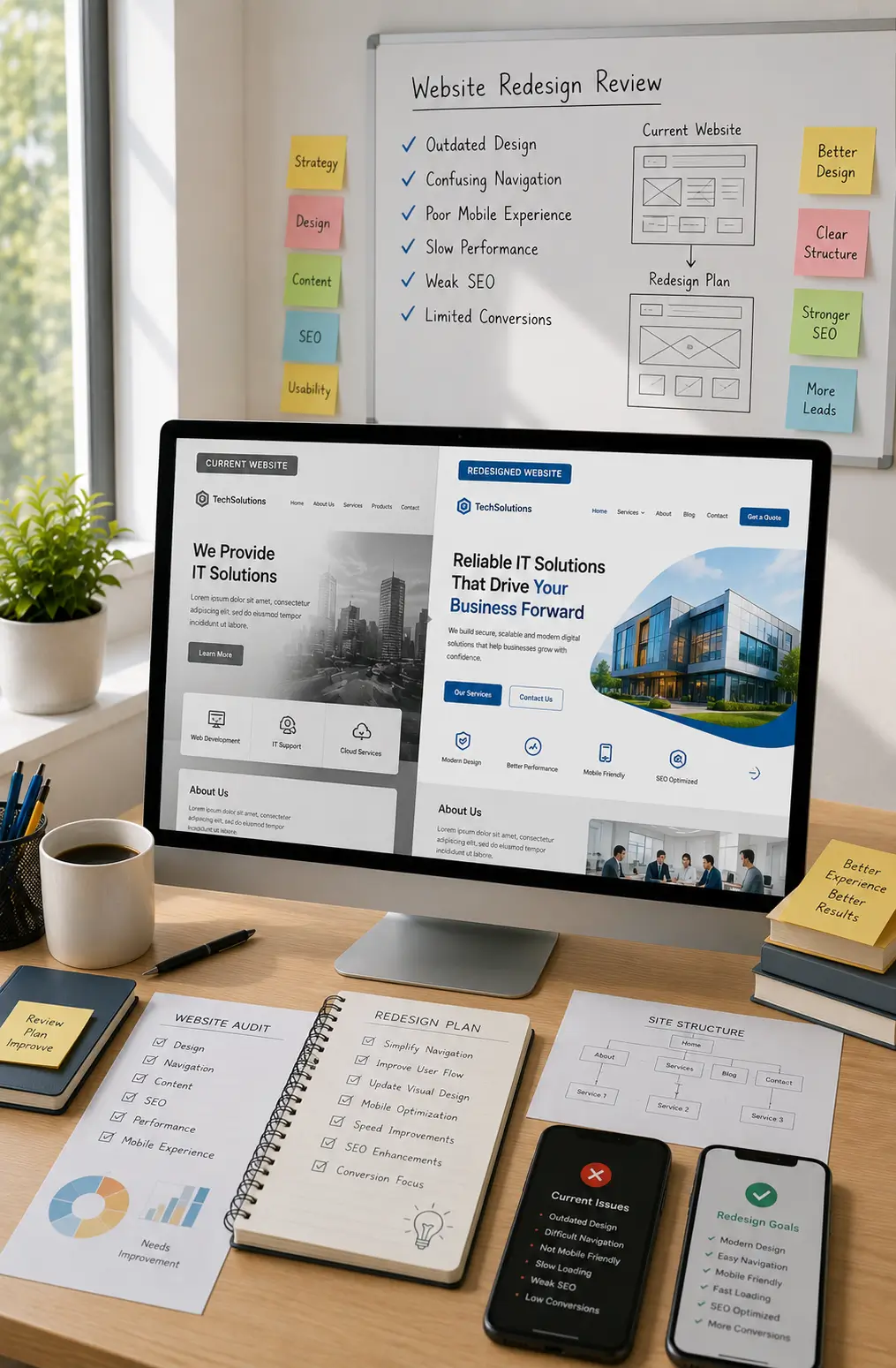 Website redesign review showing an existing website being evaluated for improved design, structure, mobile usability and user experience