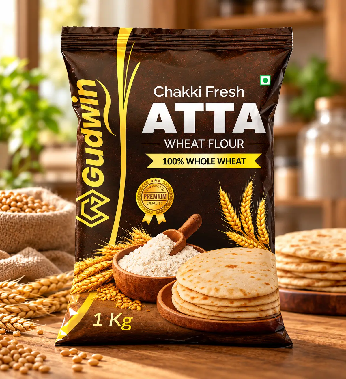 Gudwin Chakki Fresh Atta packaging design for wheat flour