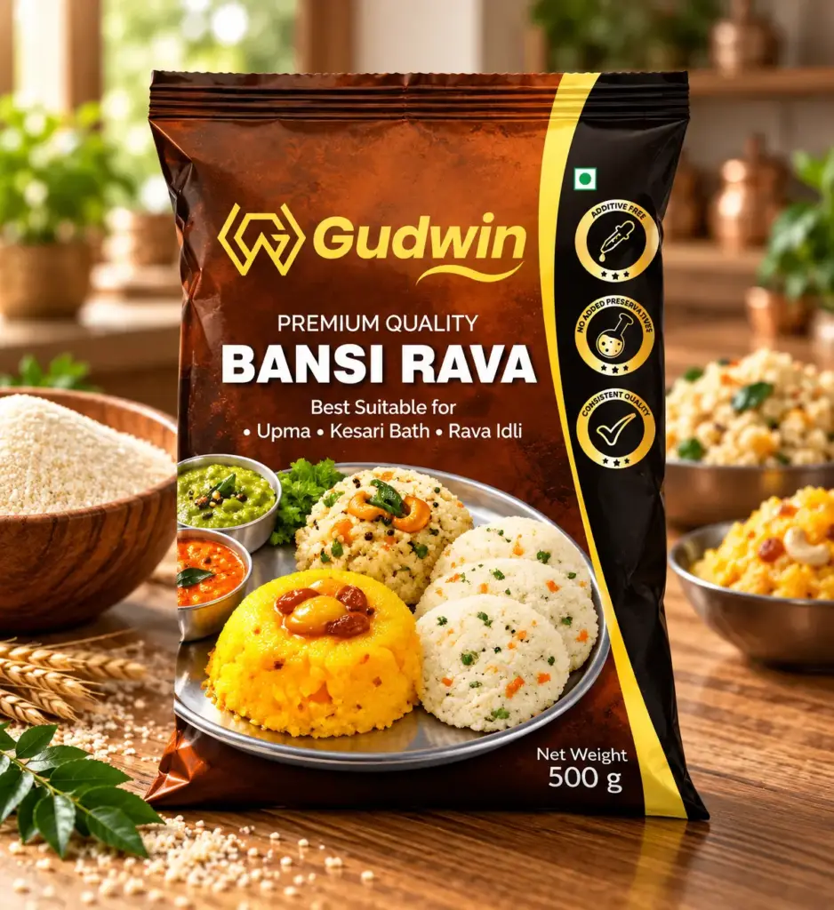 Gudwin Bansi Rava packaging design presented in a food-focused setting