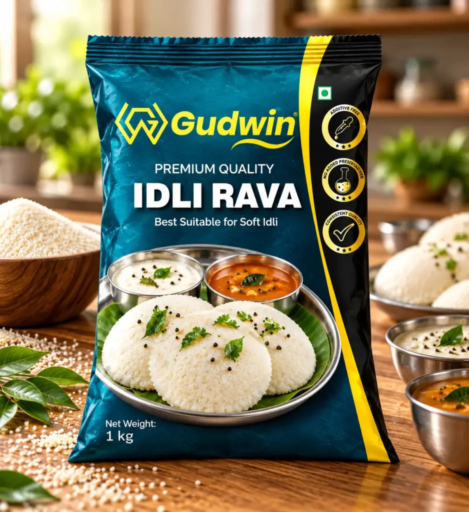 Gudwin Idli Rava packaging design with product presentation