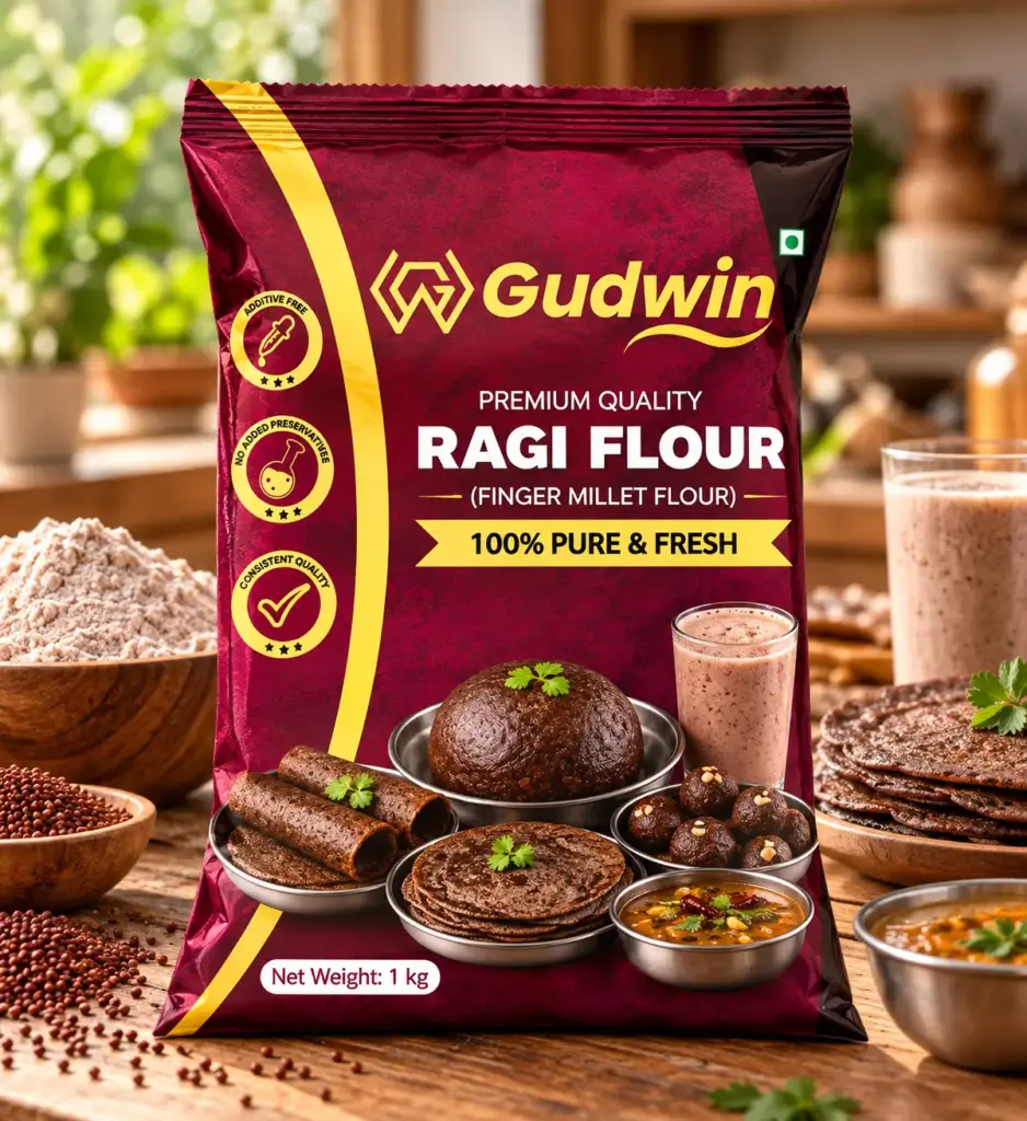 Gudwin Ragi Flour packaging design for a food product