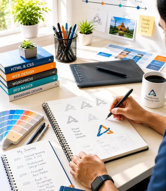 Designer sketching logo concepts in a bright creative workspace with branding and design materials