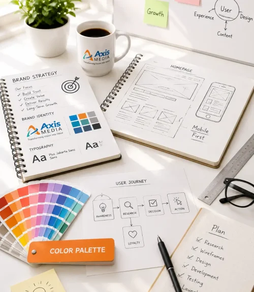 Creative workspace illustrating Axis Media's website planning, brand strategy, UI/UX wireframing, graphic design, and digital experience planning process for businesses in Shivamogga.